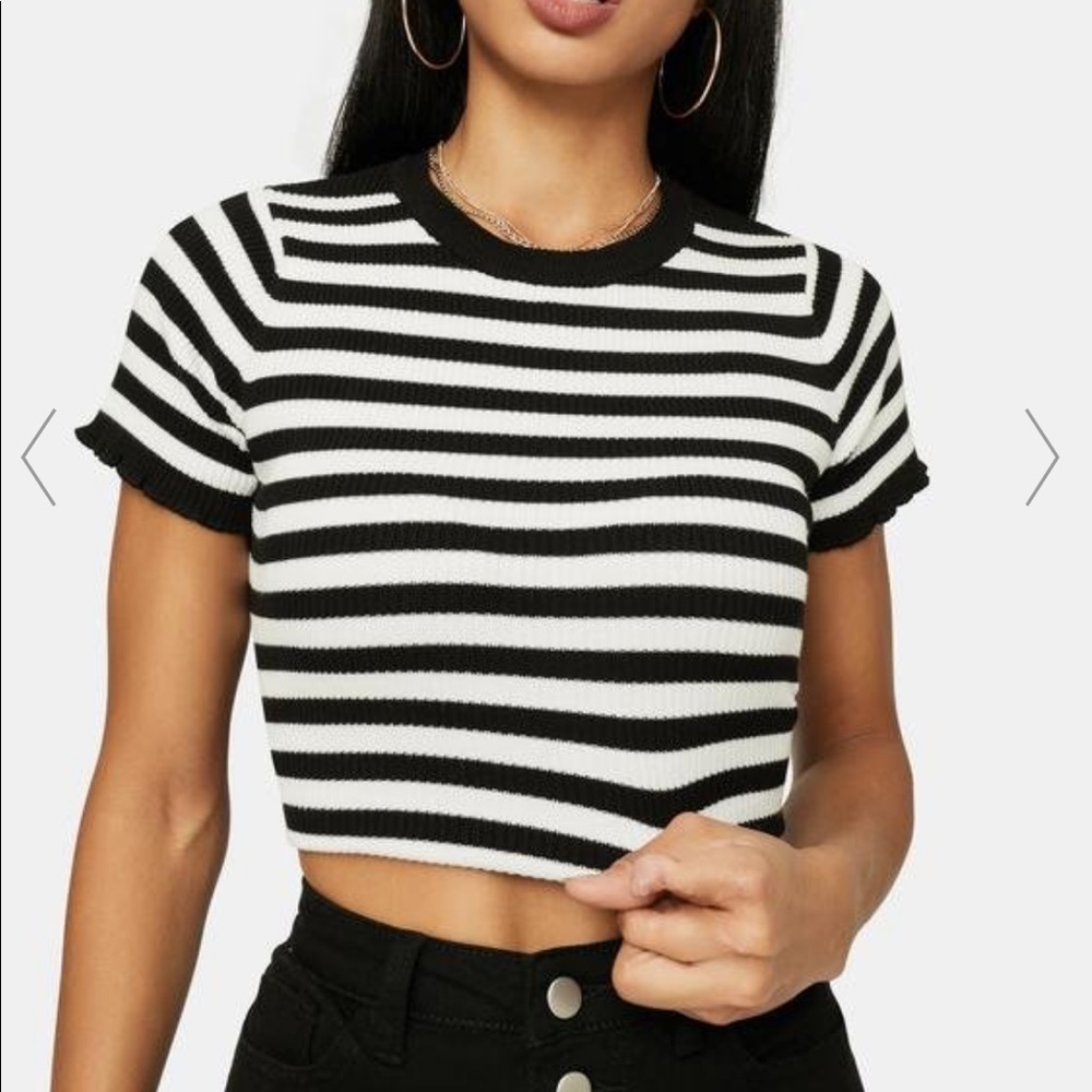 Dolls Kill Delia black white strip lattice crop top